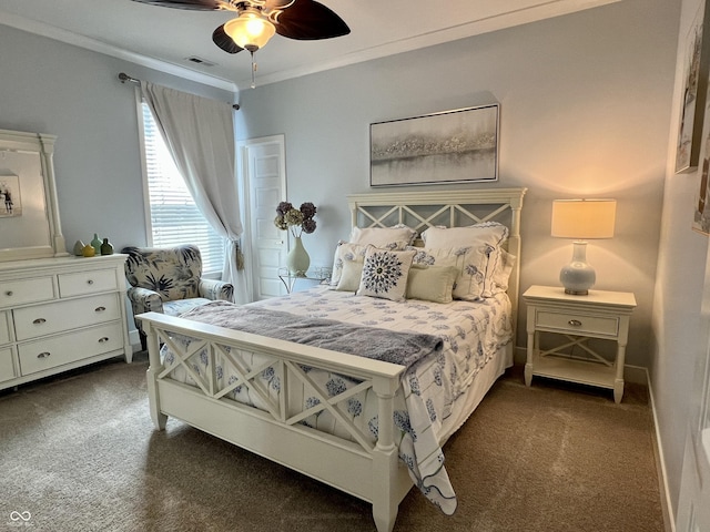 3691 Talmine Ln, Bargersville, IN 46106 - bedroom featuring dark colored carpet, crown molding, and a ceiling fan