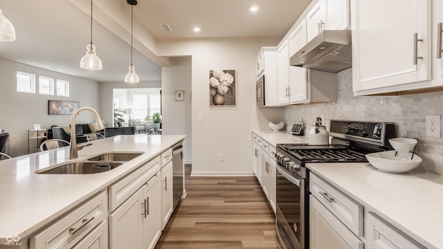 747 Tuxedo Dr, Westfield, IN 46074 - kitchen featuring stainless steel appliances, exhaust hood, a sink, white cabinets, and light wood-type flooring
