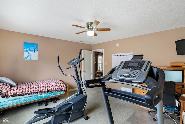 exercise room featuring a ceiling fan, carpet flooring, and a textured ceiling