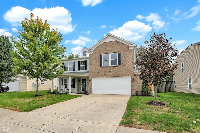 traditional-style home with brick siding, a garage, driveway, and covered porch