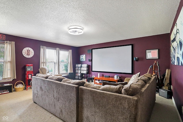 carpeted cinema featuring a textured ceiling