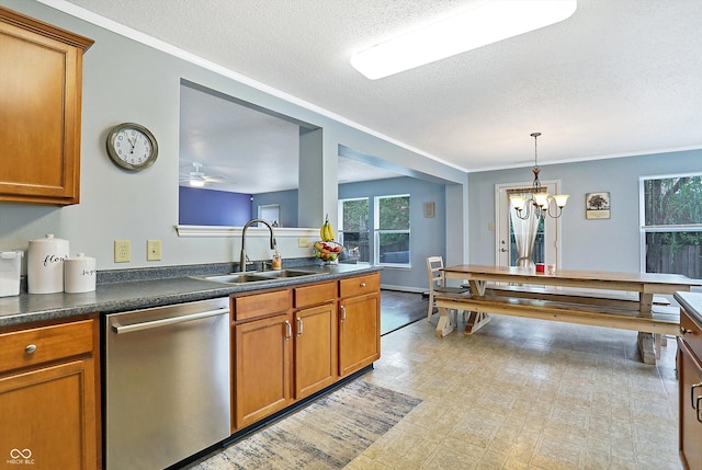 kitchen with stainless steel dishwasher, a sink, brown cabinets, dark countertops, and crown molding