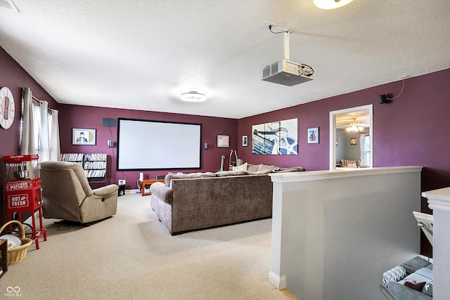cinema featuring a textured ceiling and carpet