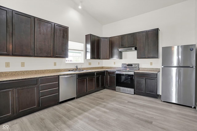3222 Enclave Ln, Greenwood, IN 46143 - kitchen with appliances with stainless steel finishes, under cabinet range hood, a sink, dark brown cabinets, and light wood-style floors