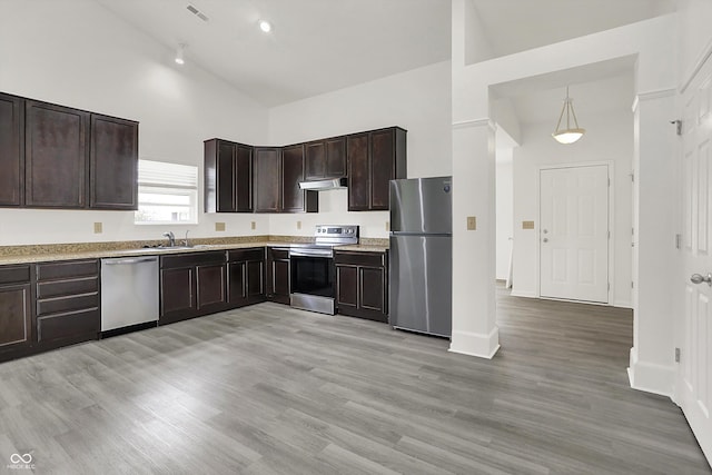 3222 Enclave Ln, Greenwood, IN 46143 - kitchen with stainless steel appliances, high vaulted ceiling, under cabinet range hood, a sink, and dark brown cabinetry