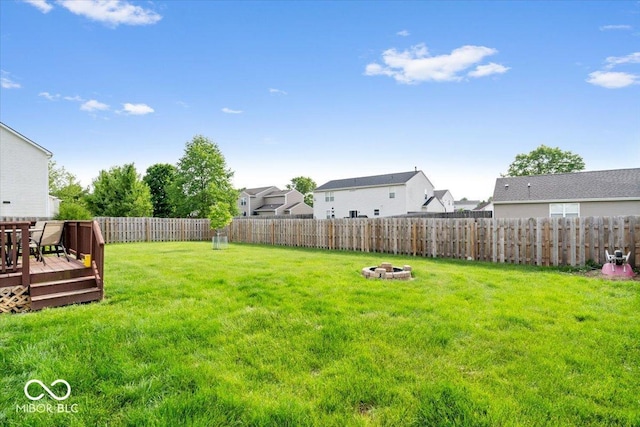 view of yard featuring a fire pit, a deck, and a residential view