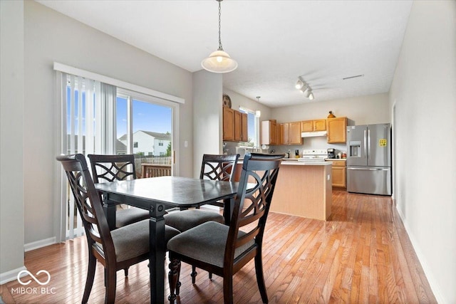 dining area with light wood-style flooring, baseboards, and track lighting