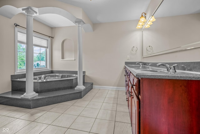 4368 W Eagle Trce, New Palestine, IN 46163 - bathroom with ornate columns, tile patterned floors, double vanity, and a garden tub