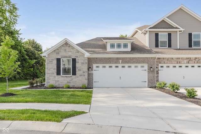 6465 Wasco Dr, Whitestown, IN 46075 - view of front facade featuring driveway, a front yard, roof with shingles, and stone siding