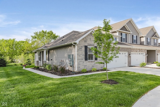 6465 Wasco Dr, Whitestown, IN 46075 - view of side of home with an attached garage, concrete driveway, stone siding, a lawn, and roof with shingles