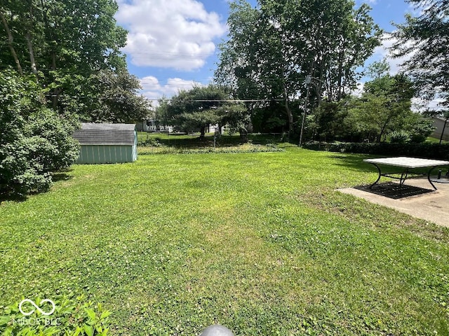 view of grassy yard featuring a storage unit and an outbuilding