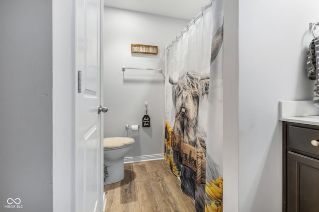 508 Jefferson, Coatesville, IN 46121 - full bath with wood finished floors, vanity, toilet, curtained shower, and baseboards