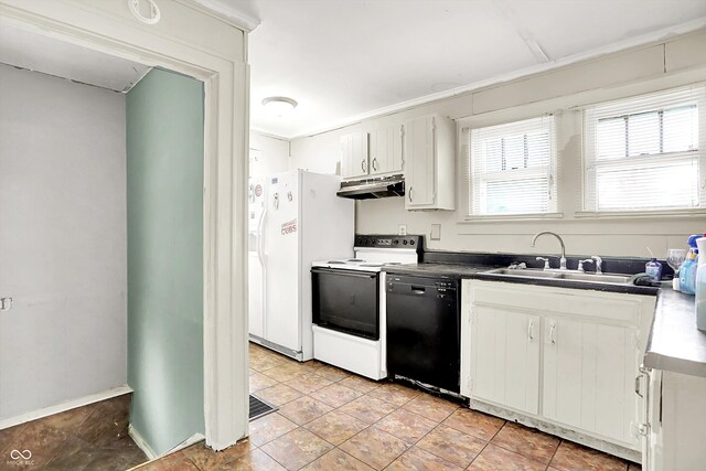 1523 E Mills Ave, Indianapolis, IN 46227 - kitchen with white appliances, a sink, under cabinet range hood, baseboards, and light tile patterned floors