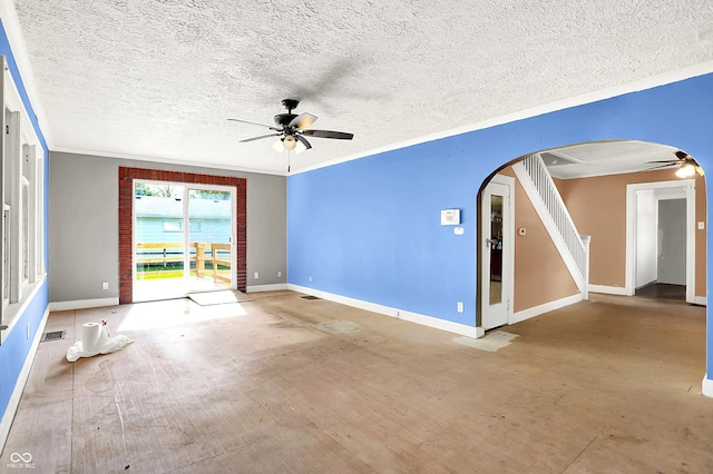 1523 E Mills Ave, Indianapolis, IN 46227 - empty room with ceiling fan, arched walkways, baseboards, ornamental molding, and a textured ceiling