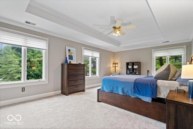 11715 Landings Dr, Indianapolis, IN 46256 - bedroom with a raised ceiling, multiple windows, ornamental molding, carpet flooring, and baseboards