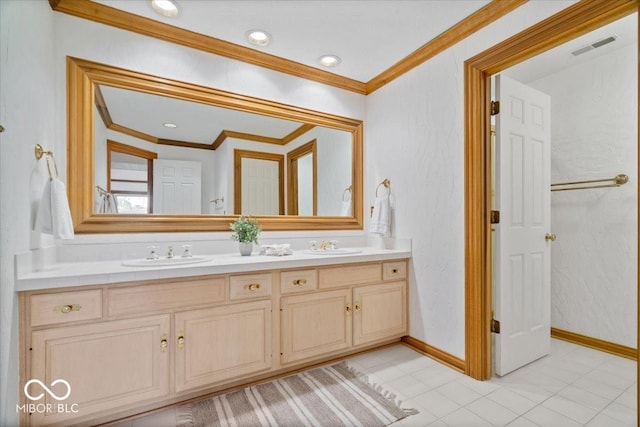 11715 Landings Dr, Indianapolis, IN 46256 - full bathroom featuring ornamental molding, double vanity, and baseboards