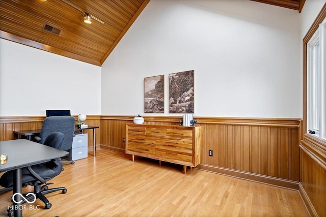 11715 Landings Dr, Indianapolis, IN 46256 - office featuring lofted ceiling, a wainscoted wall, wood finished floors, wooden ceiling, and wood walls
