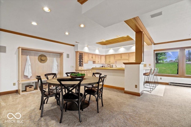 11715 Landings Dr, Indianapolis, IN 46256 - dining room featuring light carpet, crown molding, a baseboard radiator, baseboards, and recessed lighting