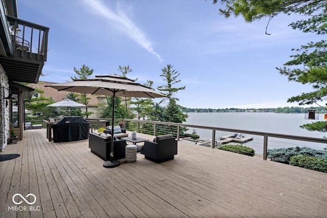 11715 Landings Dr, Indianapolis, IN 46256 - wooden deck featuring an outdoor hangout area, a water view, and grilling area