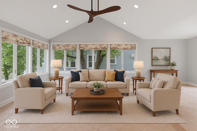 11226 Blackwalnut Pt, Indianapolis, IN 46236 - living room with a ceiling fan, vaulted ceiling, light tile patterned floors, recessed lighting, and baseboards