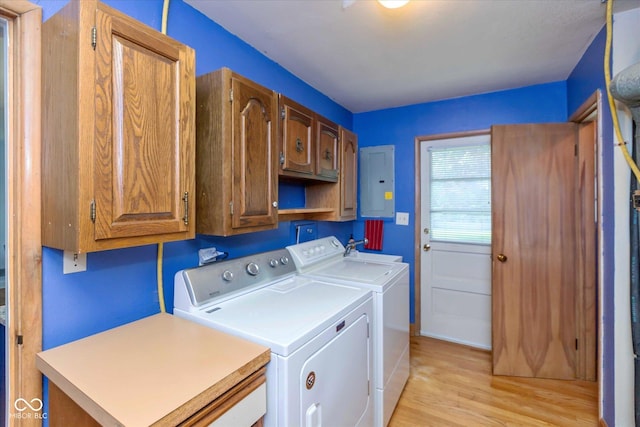 7401 Spring Mill Rd, Indianapolis, IN 46260 - laundry room featuring cabinet space, washer and dryer, light wood finished floors, electric panel, and baseboards