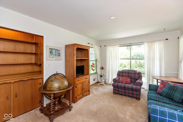 7401 Spring Mill Rd, Indianapolis, IN 46260 - living room with crown molding and light carpet