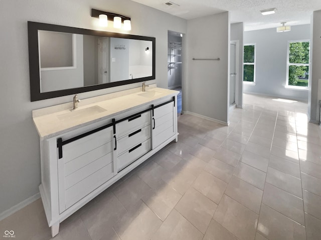 10366 Camby Xing, Fishers, IN 46038 - bathroom featuring double vanity, baseboards, tile patterned floors, and a textured ceiling