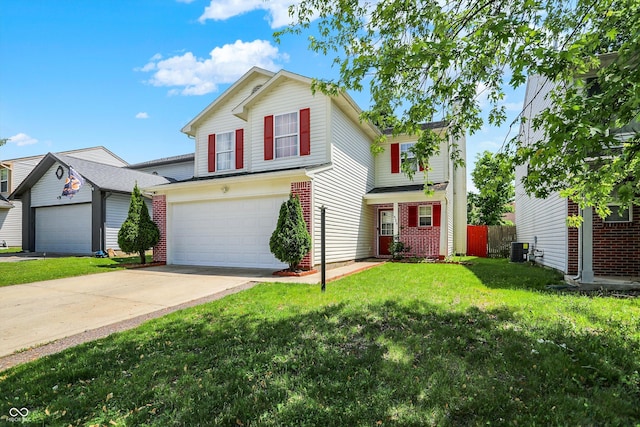 traditional home with an attached garage, central air condition unit, concrete driveway, and brick siding