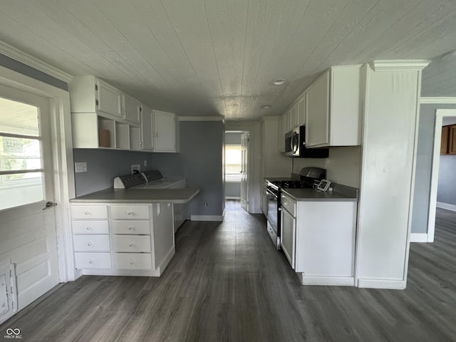 3342 Foltz St, Indianapolis, IN 46221 - kitchen with stainless steel appliances, wood ceiling, dark wood-type flooring, white cabinetry, and baseboards