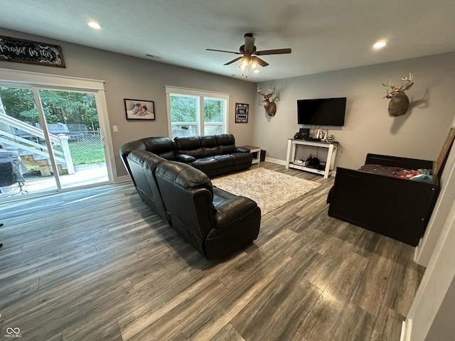 29 Victory, Coatesville, IN 46121 - living room featuring ceiling fan, wood finished floors, recessed lighting, and baseboards
