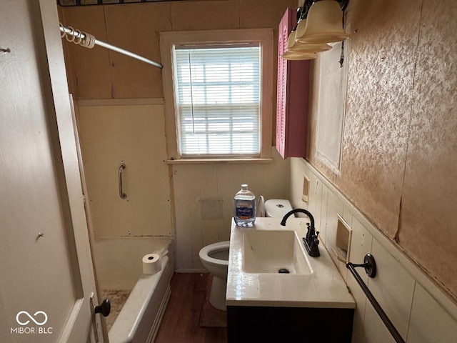 full bath featuring toilet, a wainscoted wall, wood finished floors, and vanity