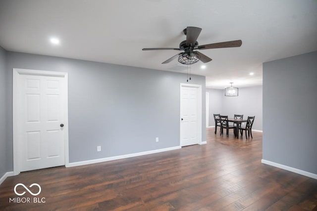 6805 N Base Rd, North Vernon, IN 47265 - empty room with recessed lighting, a ceiling fan, baseboards, and dark wood-style flooring
