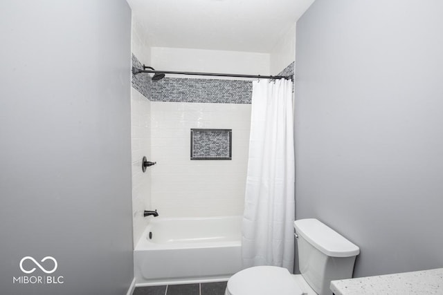 6805 N Base Rd, North Vernon, IN 47265 - bathroom with toilet, shower / bath combo with shower curtain, vanity, and tile patterned floors