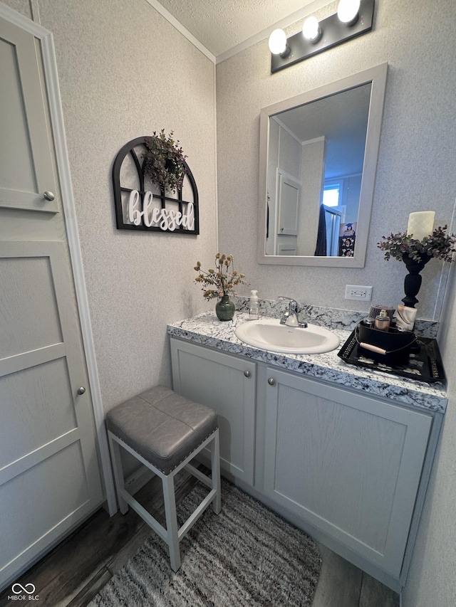 216 E Wabash St, Wingate, IN 47994 - bathroom with wood finished floors, a textured wall, vanity, and ornamental molding