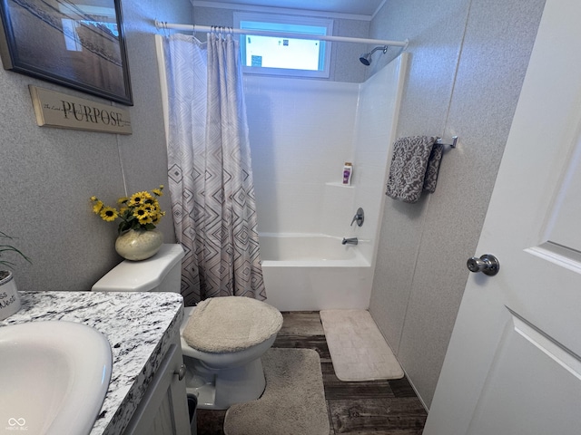 216 E Wabash St, Wingate, IN 47994 - full bath with wood finished floors, toilet, vanity, and shower / bath combination with curtain