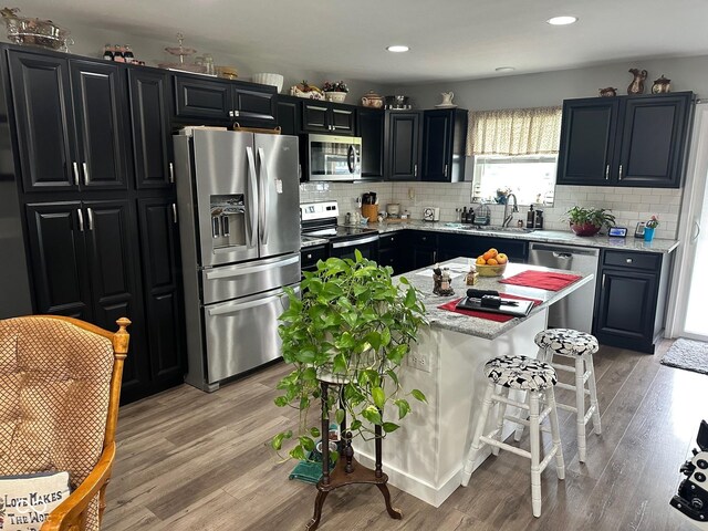 346 W N St, Gosport, IN 47433 - kitchen featuring stainless steel appliances, a sink, light wood-type flooring, dark cabinetry, and decorative backsplash