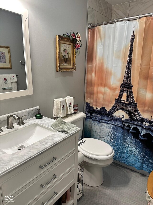 346 W N St, Gosport, IN 47433 - bathroom with toilet, vanity, and a shower with shower curtain