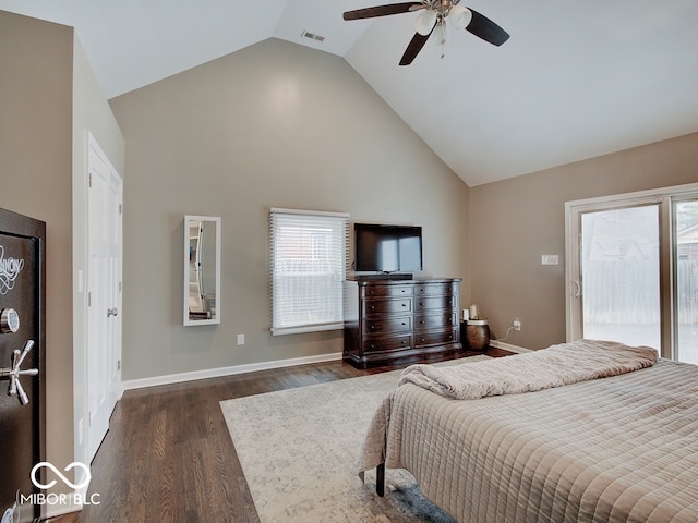 3659 Watson Rd, Indianapolis, IN 46205 - bedroom featuring dark wood finished floors, access to exterior, high vaulted ceiling, multiple windows, and a ceiling fan