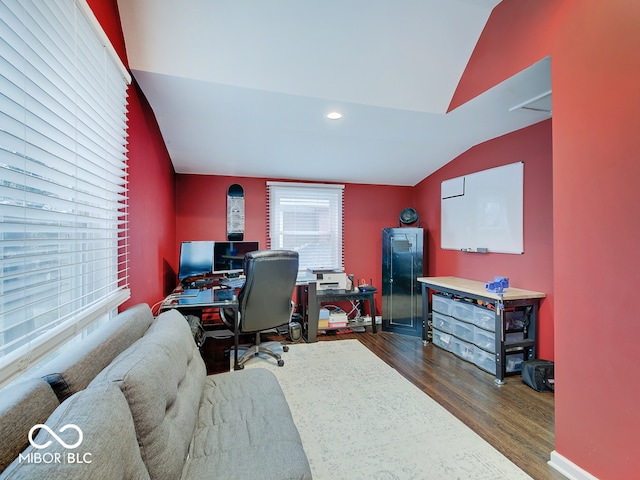 3659 Watson Rd, Indianapolis, IN 46205 - office featuring vaulted ceiling, wood finished floors, and recessed lighting