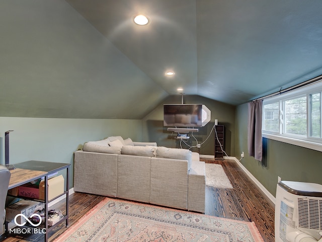 3659 Watson Rd, Indianapolis, IN 46205 - living room with baseboards, lofted ceiling, wood finished floors, and recessed lighting