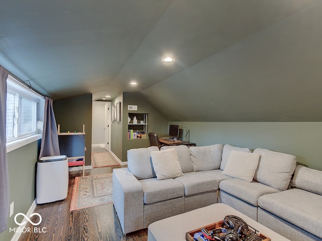 3659 Watson Rd, Indianapolis, IN 46205 - living room with wood finished floors, vaulted ceiling, baseboards, recessed lighting, and an office area