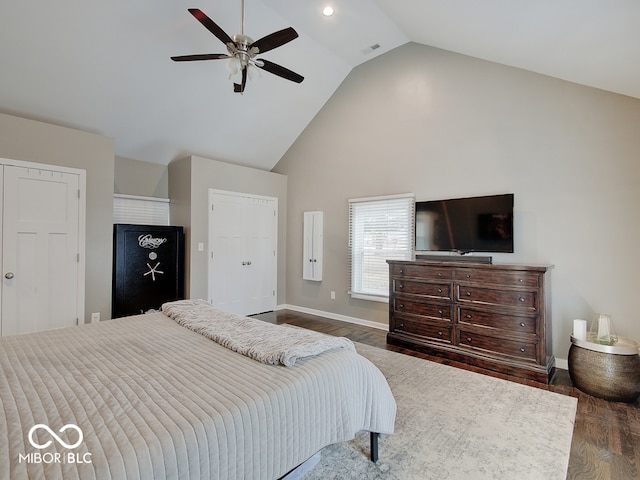 3659 Watson Rd, Indianapolis, IN 46205 - bedroom featuring high vaulted ceiling, dark wood-style floors, baseboards, and a ceiling fan
