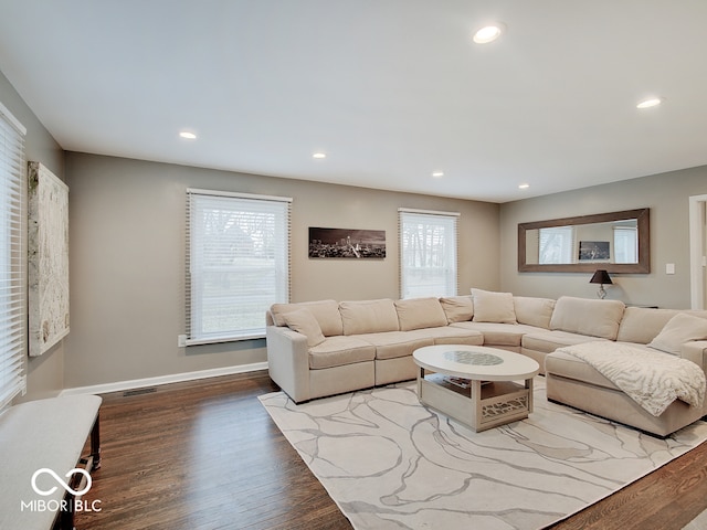 3659 Watson Rd, Indianapolis, IN 46205 - living room featuring plenty of natural light, wood finished floors, recessed lighting, and baseboards