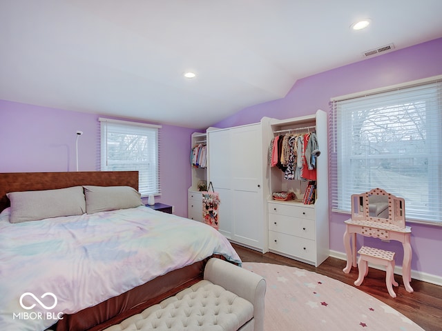 3659 Watson Rd, Indianapolis, IN 46205 - bedroom featuring lofted ceiling, wood finished floors, recessed lighting, and baseboards