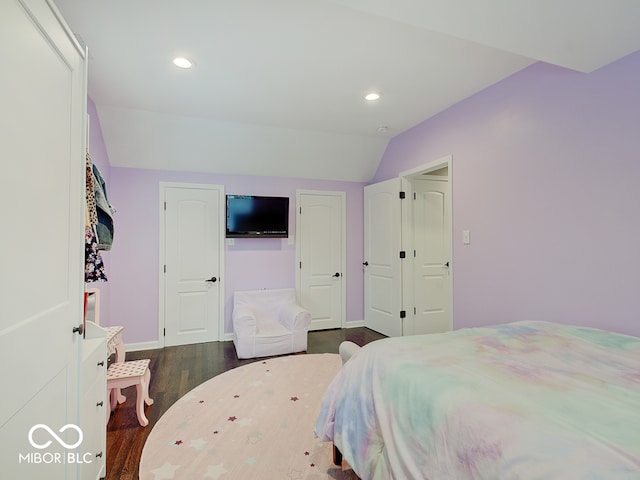 3659 Watson Rd, Indianapolis, IN 46205 - bedroom featuring dark wood finished floors, lofted ceiling, baseboards, and recessed lighting
