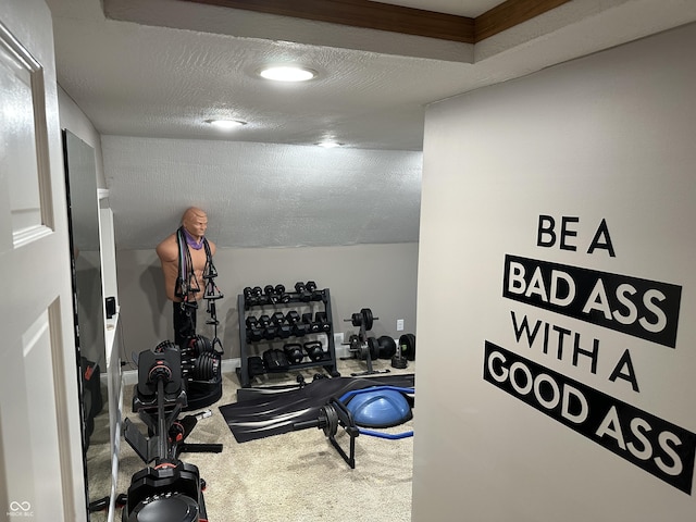 exercise area with carpet and a textured ceiling
