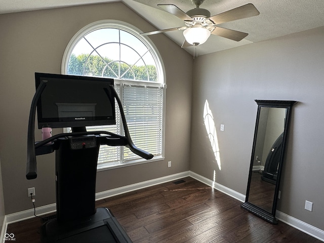 exercise room featuring wood finished floors, ceiling fan, baseboards, and lofted ceiling