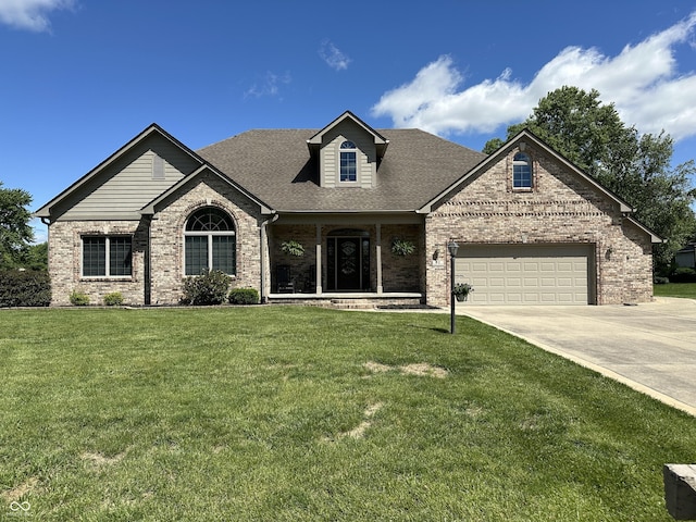 view of front of property featuring brick siding, driveway, a front yard, and a garage