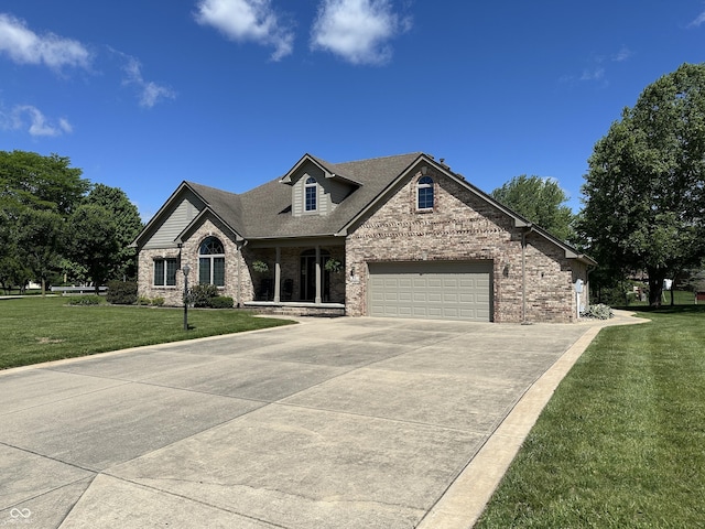 view of front of property with brick siding, concrete driveway, a front yard, an attached garage, and covered porch
