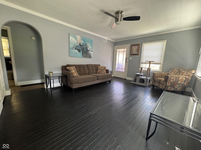 144 S 7th Ave, Beech Grove, IN 46107 - living area with ceiling fan, arched walkways, ornamental molding, hardwood / wood-style floors, and baseboards